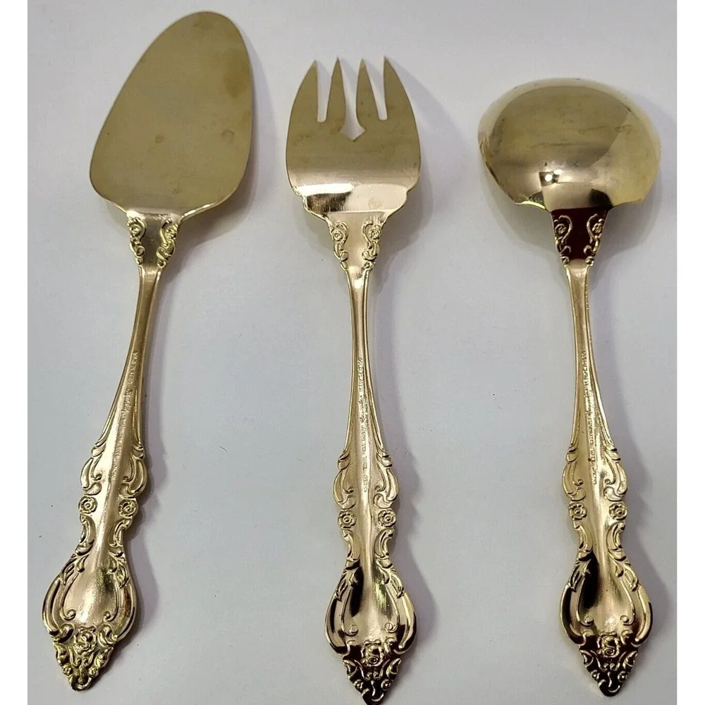 Royal Sealy Gold Plated Stainless Steel Flatware 3 Pc Hostess Set Japan Vintage